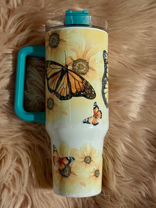 40oz Sunflower and Butterfly W/Teal Handle