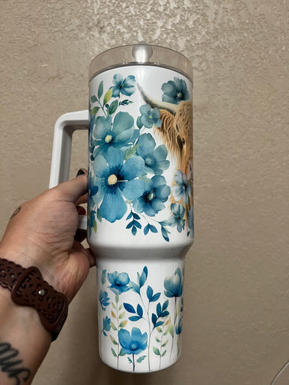 Blue Flower Moo 40oz Handle Tumbler